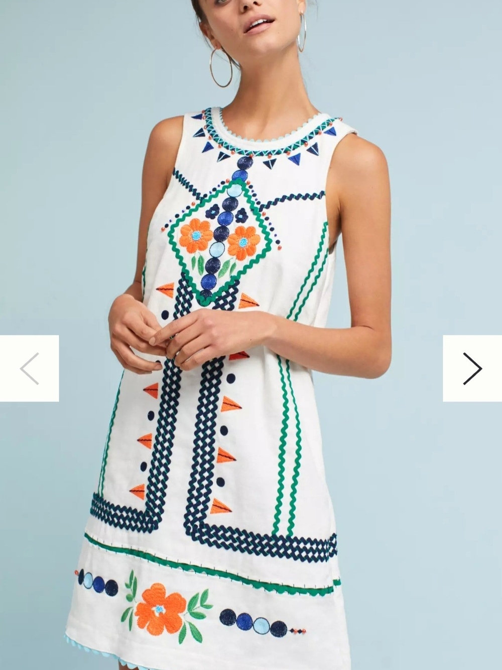 Anthropologie White Mini Dress with Blue, Green & Orange Embroidery